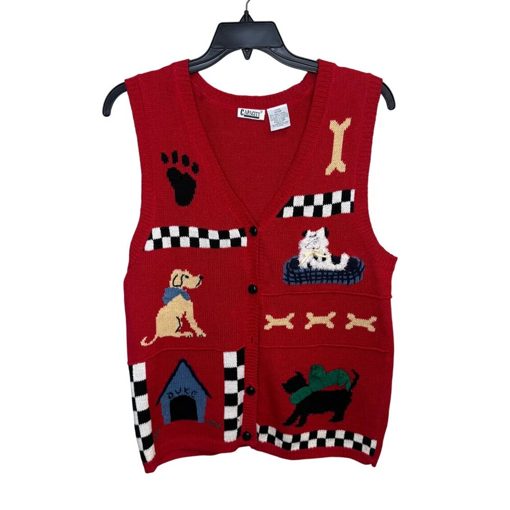 VTG 90s Capacity Red Knit Sweater Vest Dog Embroidered Size Large Grandmacore